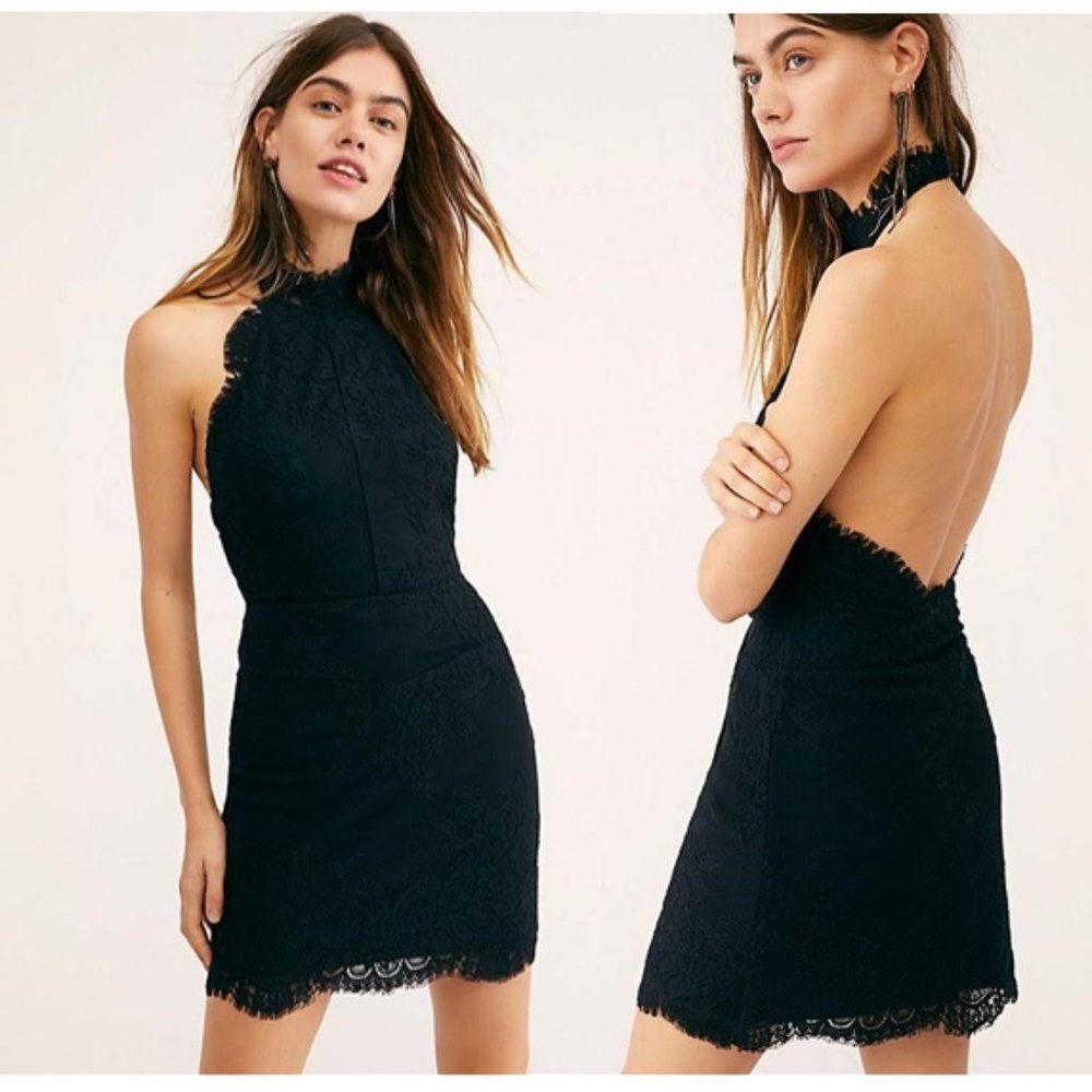 NWT Free People Harper High Neck Halter Lace Slip Mini Dress Black Sz Small